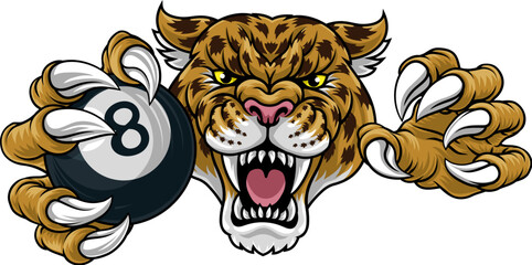 A jaguar, panther, leopard or cheetah wildcat spotted cat billiards pool sports team mascot holding a billiard black 8 ball