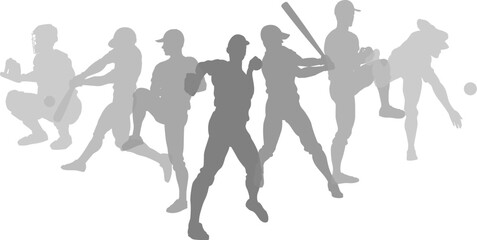 Silhouette baseball or softball player set. Active sports people healthy players fitness silhouettes concept.