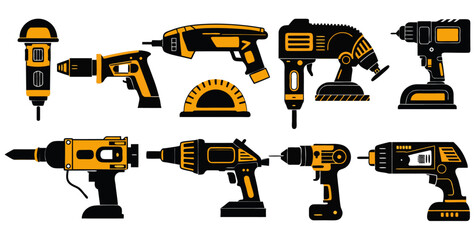 &ldquo;Power Tools Vector Set &ndash; Electric Drills and Construction Tools in Bold Black and Yellow Style&rdquo;