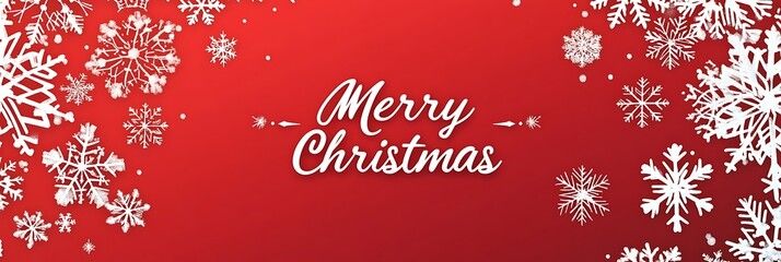 Merry Christmas greeting on red background with white snowflakes and minimal festive border for winter holiday banner or seasonal card design