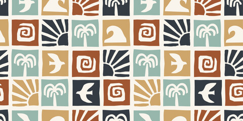 Surf seamless pattern in retro colorway. Bold graphic elements, palm trees, waves, sun, surfboards. 