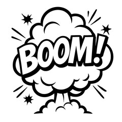 Bold black and white vector graphic of a comic book "BOOM!" explosion word effect. Ideal for dynamic action scenes, loud sounds, impactful events, and pop art designs.