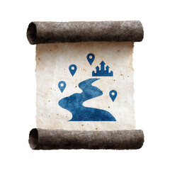 Ancient scroll with a blue river map, location markers, and a city symbol.