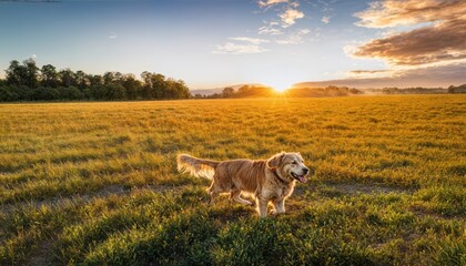 Golden Retriever Frolicking in Gorgeous Sunset Meadow Glow, Capturing Joyful Playfulness Amidst Natures Majesty and Serene Tranquility.