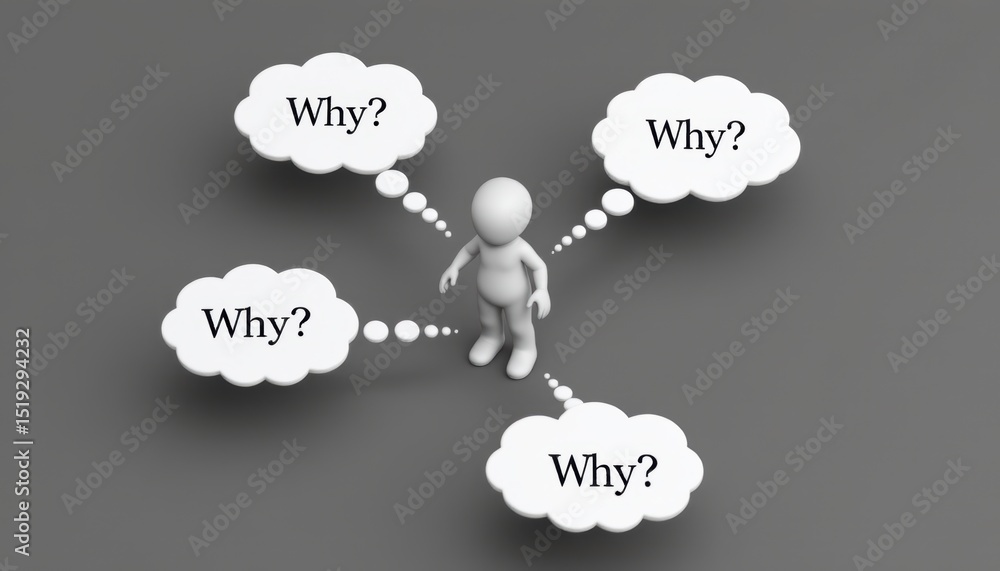 Poster why analysis concept, person pondering multiple questions represented by thought bubbles.