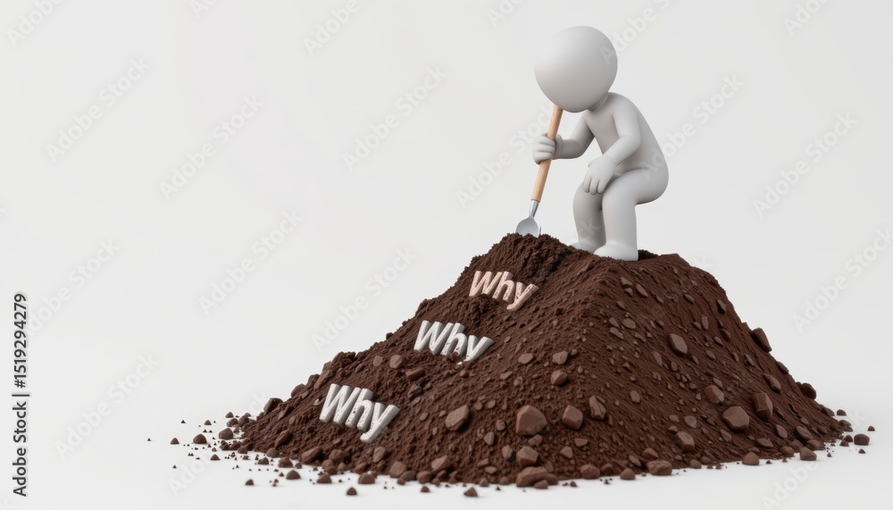 Poster why analysis concept, figure digging into a pile of dirt with 