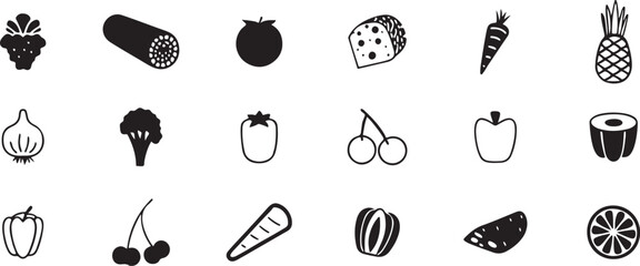 Healthy Eating and Snack Symbols Pack: Various Food and Drink Icons for Web, App, and Restaurant Menu Design.