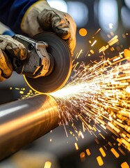 Industrial worker using grinding wheel with safety gear and flying sparks