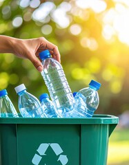 Hand placing plastic bottle in recycling bin outdoors amid sunny greenery