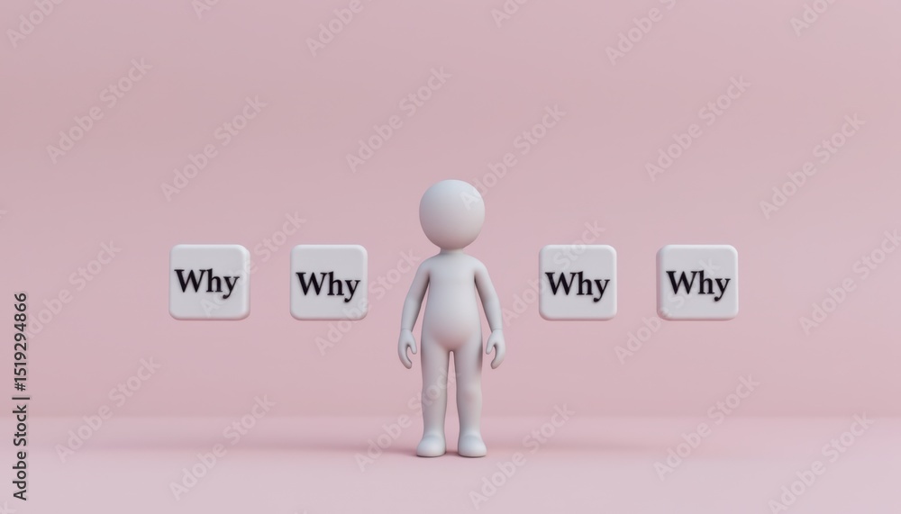 Poster why analysis concept, 3d character pondering questions with 