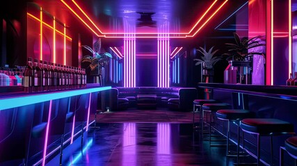 Immersive Neon Nightclub Ambiance, Captivating Bar Scene with Vibrant Lighting Effects - Powered by Adobe