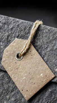 Blank gift tag tied with jute twine on dark gray paper background. Simple gift tag mockup perfect for branding projects. This rustic gift tag design is ideal for holiday gifts or special occasions.