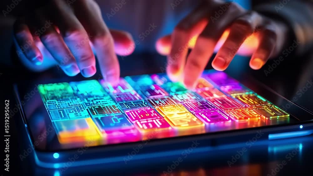 Poster person using colorful technology tablet with circuit board, digital and innovative design.