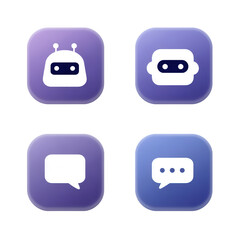 Four square app icons featuring chatbot and speech bubble symbols in a minimalist, modern style.