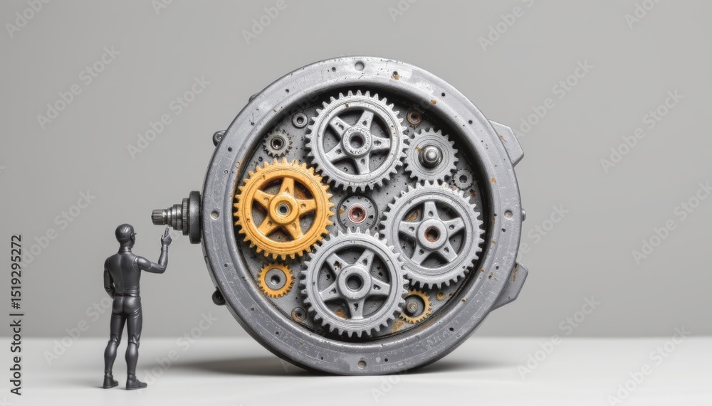 Poster creative gears with a miniature figure interacting with a clock mechanism.