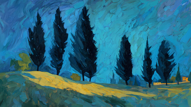 poster for night-themed gallery | obsessive motion | lonely peace | navy and citron | frontal compression | cypress trees | expressive outlines | broken brushwork | rural isolation | expressionist