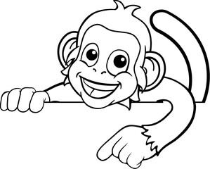 A monkey cartoon character animal peeking over a sign and pointing at it