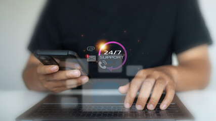 Customer service concept with 24 hour 7 day availability.