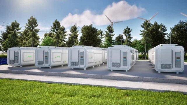 Group of energy storage systems or battery container units with blue sky background 4k footage