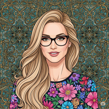 Elegant Blonde Woman Digital Art with Glasses and Floral Top