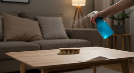Hand spraying cleaner on wooden table while cleaning living room  