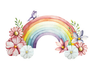 Watercolor hand drawn rainbow magical clipart with Spring flowers and branches with leaves. Watercolor gerbera, chamomile, echinacea isolated on background, cartoon butterfly, transparent png