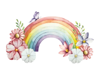 Wanddecoratie Regenboog Watercolor hand drawn rainbow magical clipart with Spring flowers and branches with leaves. Watercolor gerbera, chamomile, echinacea isolated on background, cartoon butterfly, transparent png  © Natalia