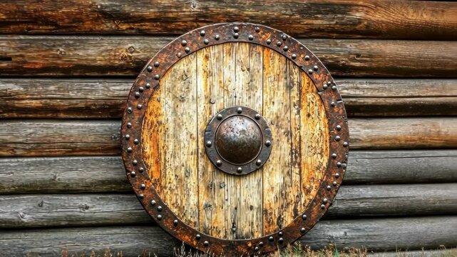 A rustic wooden shield mounted on a weathered log wall.