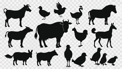 Collection of Farm Animal and Bird Silhouettes on a Transparent Background