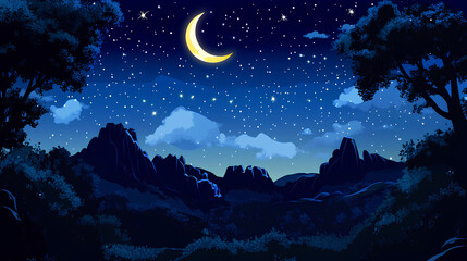 Fototapeta premium Night sky over majestic mountains, crescent moon and stars.