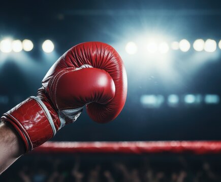 Hand with red boxing gloves raised in the air against the background of a stadium with a spotlight and a crowd. Concept of a sports competition or a wrestling match.