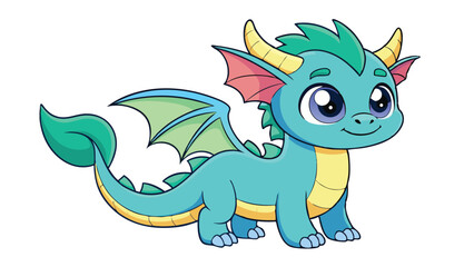 Cute Cartoon Dragon Character with Big Eyes and Turquoise Scales