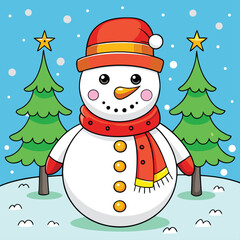 Cute Cartoon Snowman with Christmas Trees and Snowflakes on a Blue Background