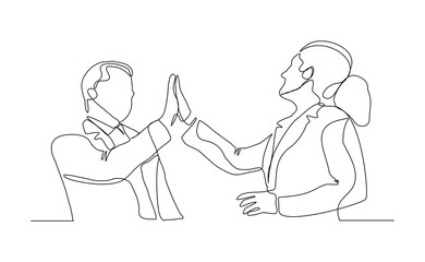 Continuous line drawing of two people clapping high five gesture. Business teamwork success sketch art editable stroke vector illustration