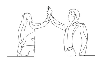 Continuous line drawing of two people clapping high five gesture. Business teamwork success sketch art editable stroke vector illustration