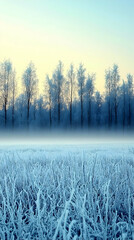 Snowy Frozen Field With Pine Trees At Sunrise