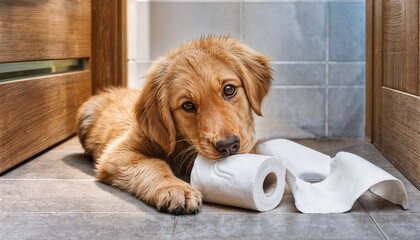 Adorable Golden Retriever Puppy Dynamically Engaging with Toilet Roll in Playful Bathroom Scene, Filled with Warmth and Humor.