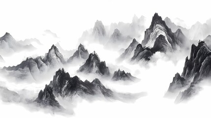 Loose black and white ink sketch of Mountains, jagged rocky ridges, fog, ancient atmosphere