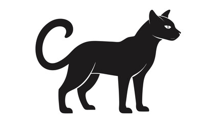 Elegant Black Cat Silhouette with Curled Tail Standing on White Background