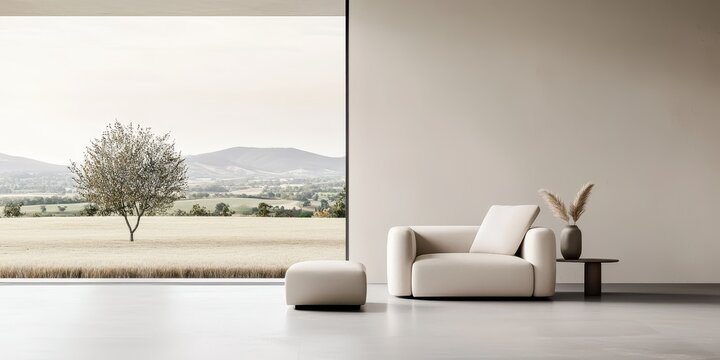 Neutral-toned living room concept. Modern living room with minimalistic décor and scenic outdoor view.