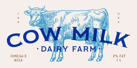Cow, milk, dairy. Milk tag label design, dairy shop cow template, vintage style print. Pencil ink sketch cow drawing, retro dairy text, classic typography, farm milk branding. Vector Illustration