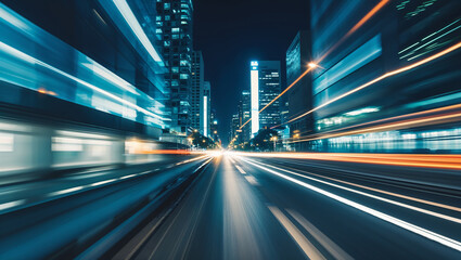 Fast cars driving on highway at night with light trails and skyscrapers