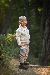 Little boy playing alone in the forest with a white paper boat. Peaceful childhood moment filled...
