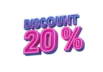 Eye-Catching Neon Discount Sign: 20% Off Special Offer with Vibrant Pink and Blue Glow, Perfect for Advertising Sales, Promotions, and Retail Marketing Campaigns Against a Bold Black Background