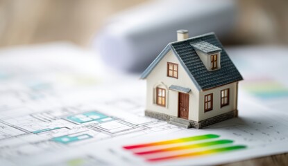 House model on building plan and energy label