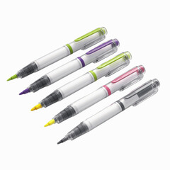 Five Colorful Pens Arranged in a Row on a Dark Transparent background
