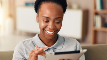 Freelancer, smile and black woman with tablet in home for ads, campaign or social media management....