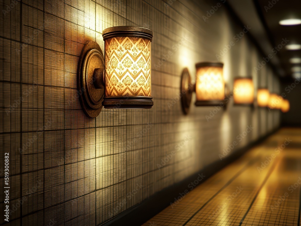 Poster warm inviting interior concept. elegant wall sconces illuminate a textured corridor with warm tones 