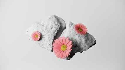 3D composition of floating rocks with pink flowers. Minimalist 3d render illustration perfect for modern web design and conceptual branding. Elegant contrast of nature and texture.