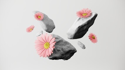 3D composition of floating rocks with pink flowers. Minimalist 3d render illustration perfect for modern web design and conceptual branding. Elegant contrast of nature and texture.